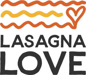 Logo with 'Lasagna Love' text and wavy lines on a white background