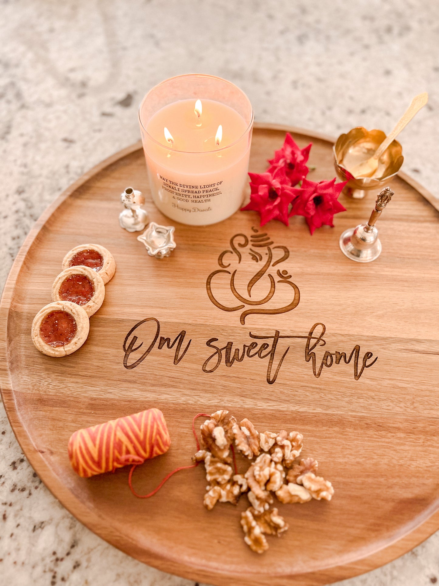 Lotus Flower or Om Sweet Home Round  Acacia Tray