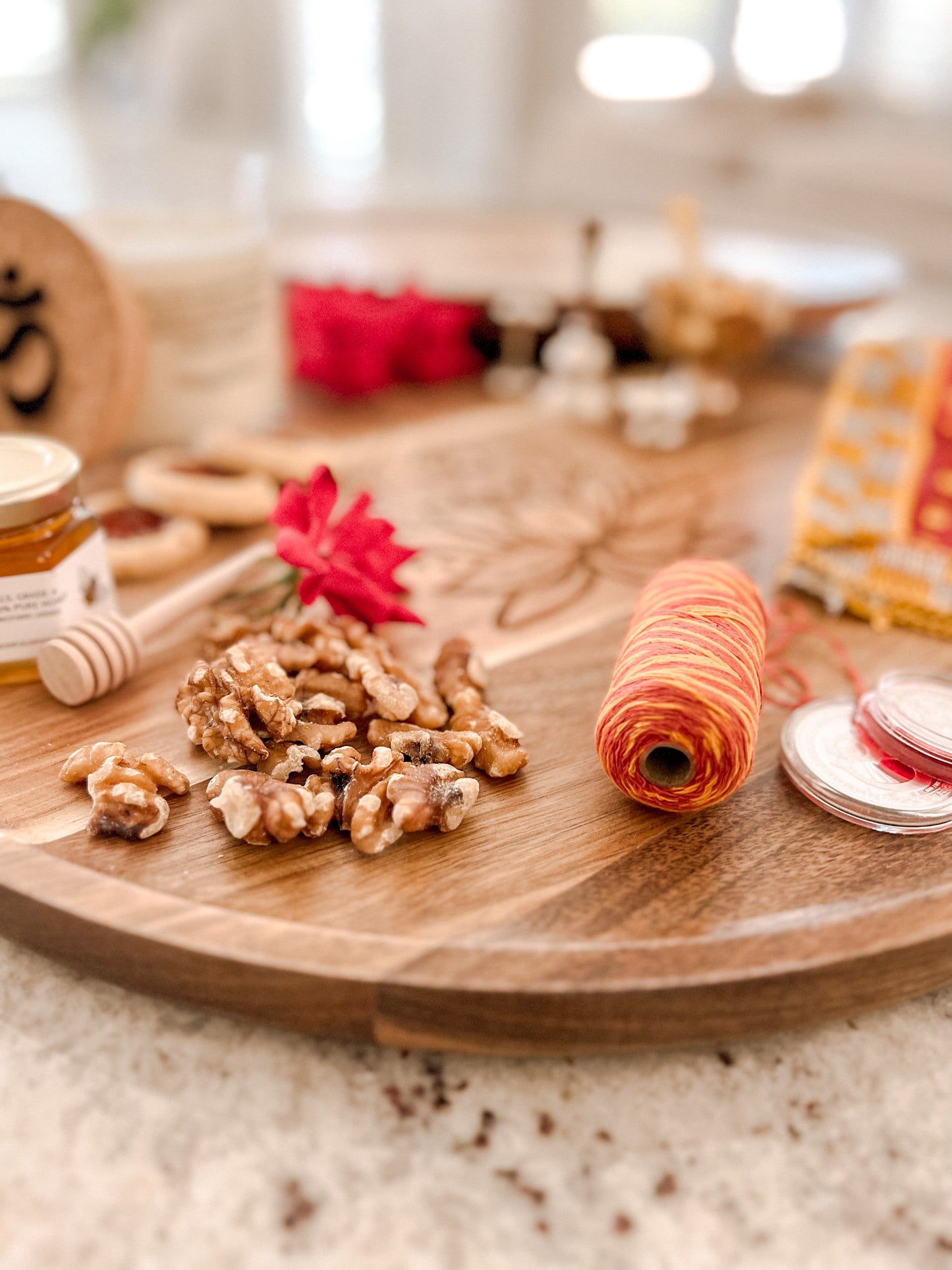 Lotus Flower or Om Sweet Home Round  Acacia Tray