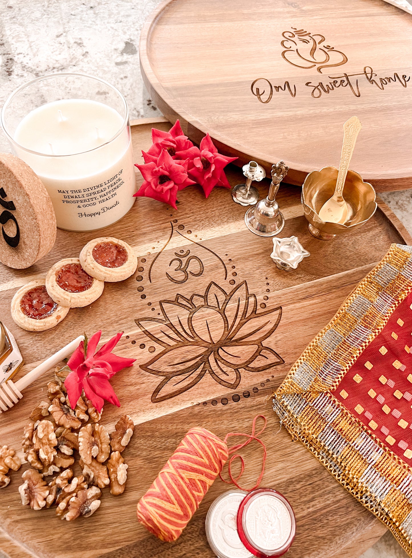 Lotus Flower or Om Sweet Home Round  Acacia Tray