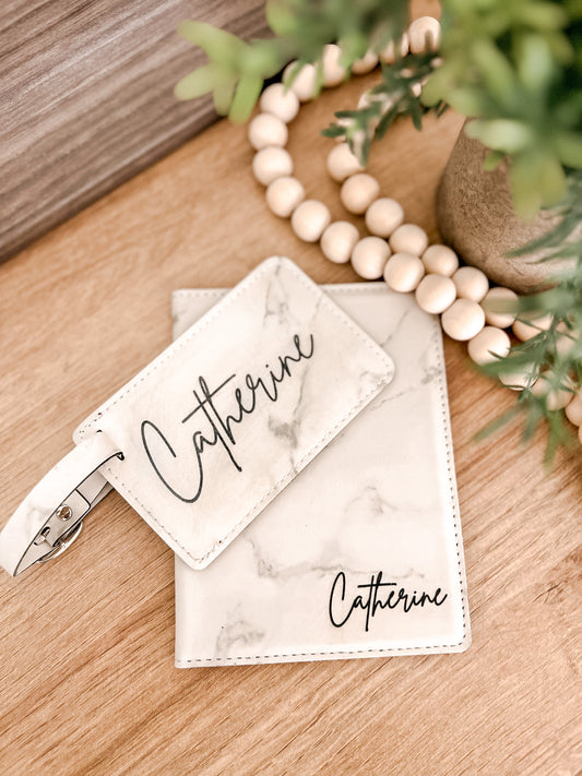 White Marble Leatherette Passport & Luggage Tag Set