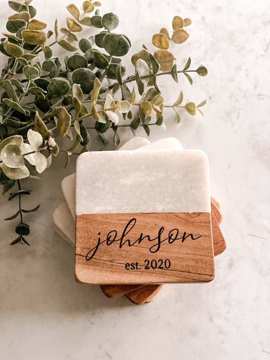 Custom Marble & Acacia Wood Coasters